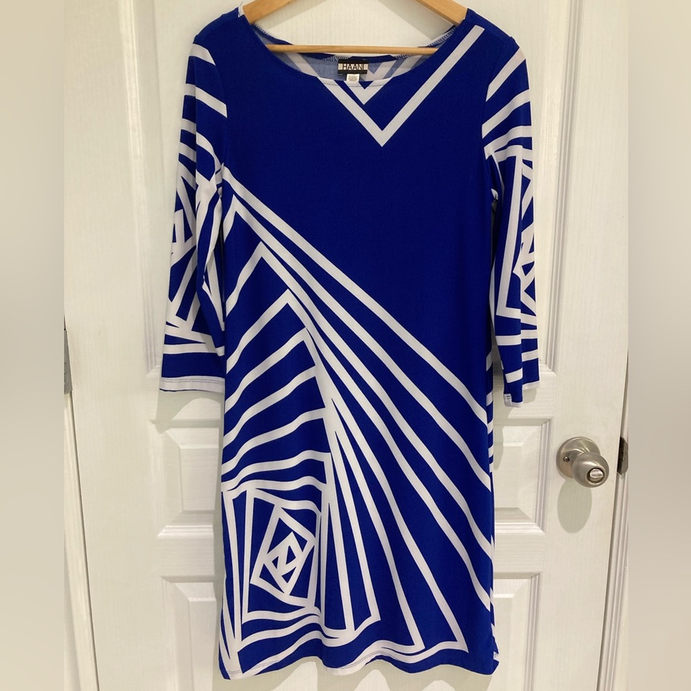 Women’s Haani Blue and white, geometric pattern, sheath dress